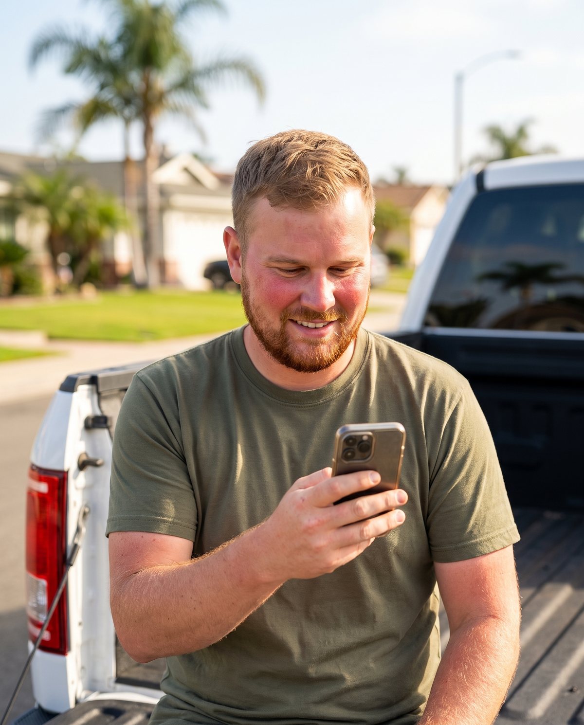 Jake, a landscaper, smiling at his phone after a job got booked